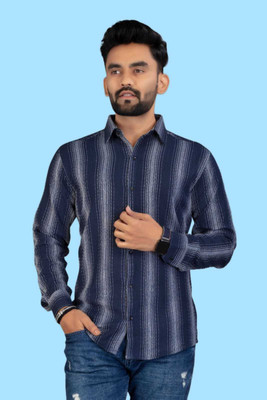 DUCCKCREATION Men Striped Formal Blue Shirt