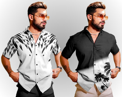 SANBROS Men Printed Casual Black Shirt(Pack of 2)