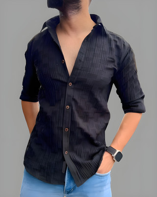 mvff Men Self Design Casual Black Shirt