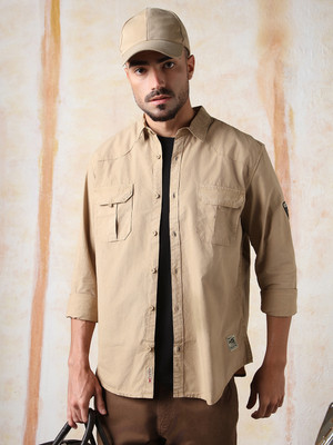 High Star Men Solid Casual Khaki Shirt
