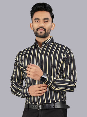 Nat Jastica Men Striped Casual Black, Beige Shirt