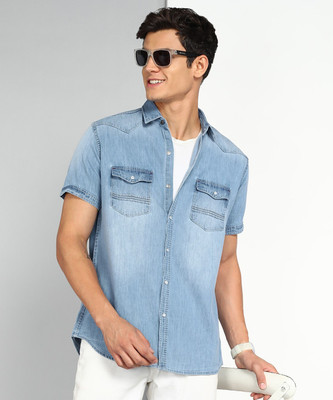 KUONS AVENUE Men Washed Casual Blue Shirt