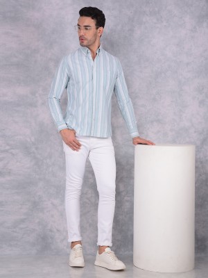 CRIMSOUNE CLUB Men Striped Casual Light Blue, White Shirt