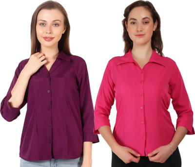 Hunoor Women Solid Formal Pink, Purple Shirt(Pack of 2)