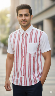 ADIVASI SHOP Men Striped Casual White, Pink Shirt