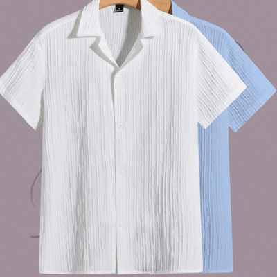 Looksky Men Self Design Casual White, Light Blue Shirt