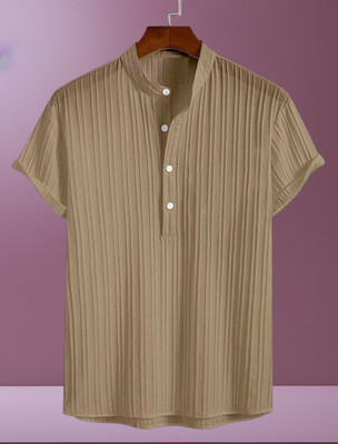 KVARA Men Self Design, Striped Casual Brown Shirt