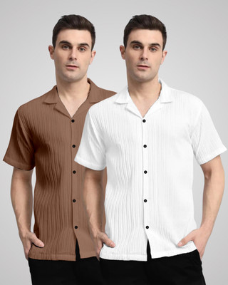 VK Couture Men Self Design Casual Brown, White Shirt(Pack of 2)