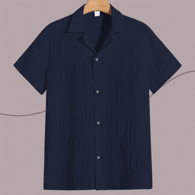 Looksky Men Self Design Casual Dark Blue Shirt