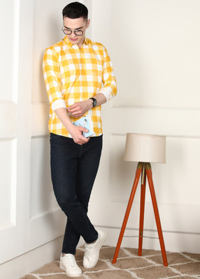 FUBAR Men Checkered Casual Yellow Shirt