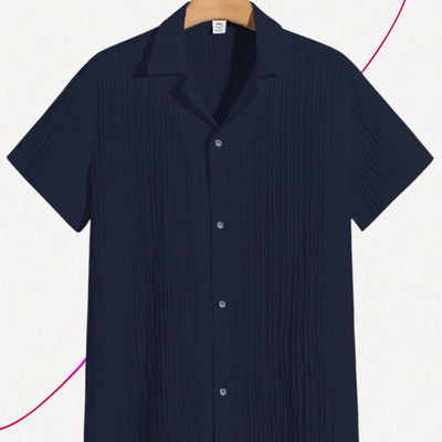 Looksky Men Self Design Casual Dark Blue Shirt