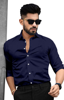 LYZOO FASHION Men Solid Formal Dark Blue Shirt