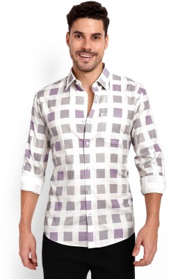 LeWogle Men Checkered Casual Purple, White Shirt