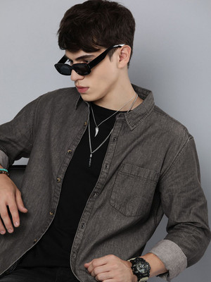 R.Code by The Roadster Life Co. Men Solid Casual Grey Shirt