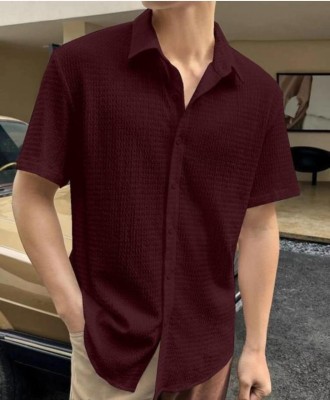 Shirteum Men Self Design Casual Maroon Shirt