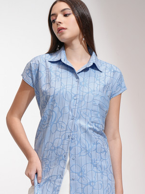 Tokyo Talkies Women Printed Casual Blue Shirt