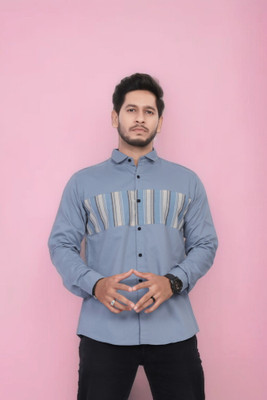 U AND J TREND Men Self Design Casual Blue Shirt