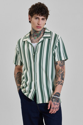 Snitch Men Striped Casual Green Shirt