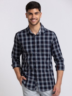 KILLER Men Checkered Casual Dark Blue Shirt