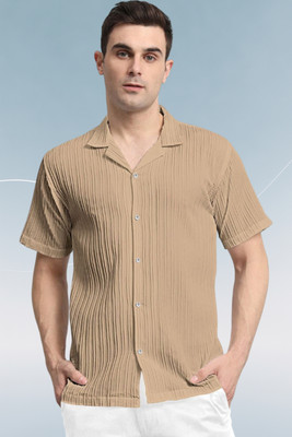 A DEEMOON TREND Men Self Design Casual Cream Shirt