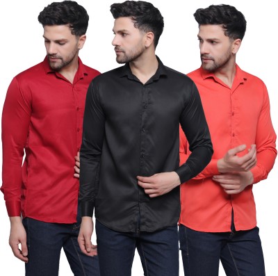 FILNECH Men Solid Casual Maroon, Black, Orange Shirt(Pack of 3)