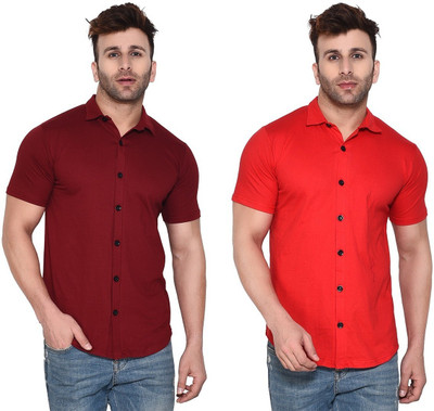 Lawful Casual Men Solid Casual Red, Maroon Shirt(Pack of 2)