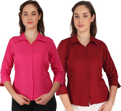 Hunoor Women Solid Formal Maroon, Pink Shirt(Pack of 2)