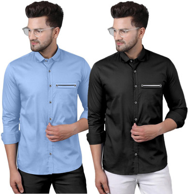 DHYAN ENTERPRISE Men Solid Casual Blue, Black Shirt(Pack of 2)