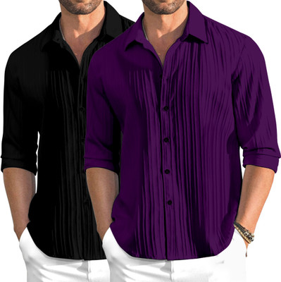 OXXOM Men Self Design Casual Black, Purple Shirt(Pack of 2)