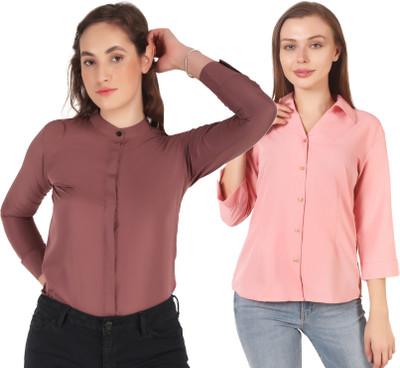 Mamnoon Women Solid Casual Green Shirt(Pack of 2)