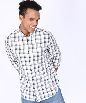 FLYING MACHINE Men Checkered Casual White Shirt