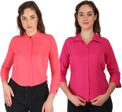 Mamnoon Women Solid Formal Pink, Red Shirt(Pack of 2)