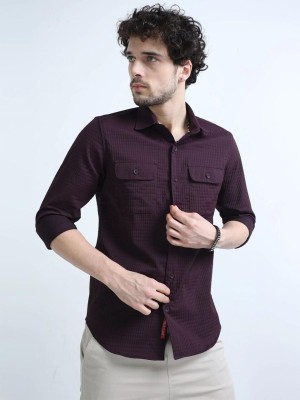 Lovingvibe Creation Men Self Design Casual Purple Shirt