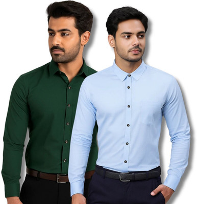 EchoWear Men Solid Casual Green, Light Blue Shirt(Pack of 2)