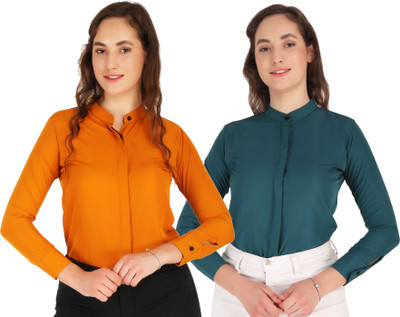 Hunoor Women Solid Casual Dark Blue, Yellow Shirt(Pack of 2)