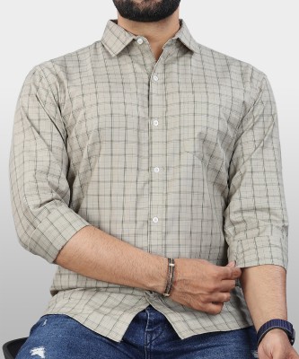 VeBNoR Men Checkered Formal Cream Shirt