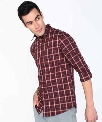 FLYING MACHINE Men Checkered Casual Maroon Shirt