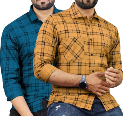 Click Everyday Men Checkered Casual Blue, Yellow Shirt(Pack of 2)