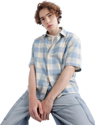 RARE RABBIT Men Checkered Casual Blue Shirt