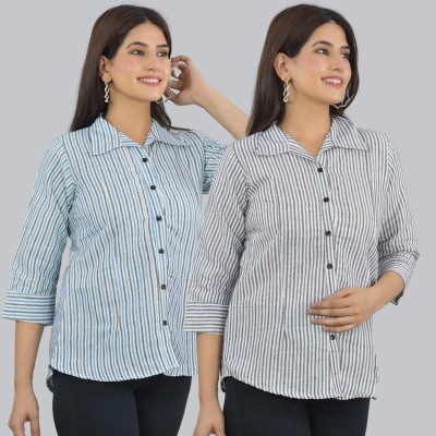 FABISHO Women Striped Casual Blue, Grey Shirt(Pack of 2)