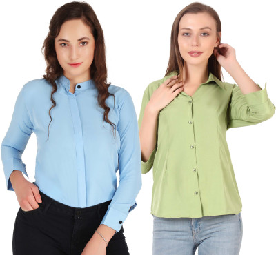 Hunoor Women Solid Formal Light Blue, Light Green Shirt(Pack of 2)