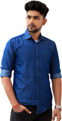 Devils Fashion Men Solid Casual Blue Shirt