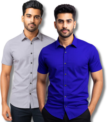 RAREMARK Men Solid Formal Grey, Blue Shirt(Pack of 2)