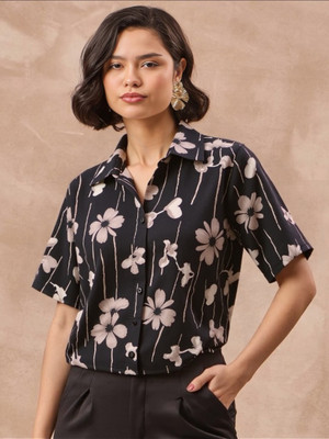 MAYKR Women Floral Print Casual Black, White Shirt