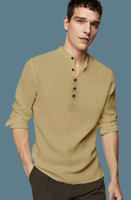 isuelfeb Men Solid Casual Cream Shirt