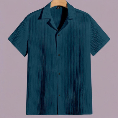 A DEEMOON Men Self Design Formal Blue Shirt
