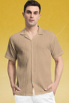 A DEEMOON TREND Men Self Design Casual Beige Shirt