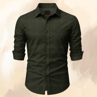 RUGRIX Men Self Design Casual Dark Green Shirt