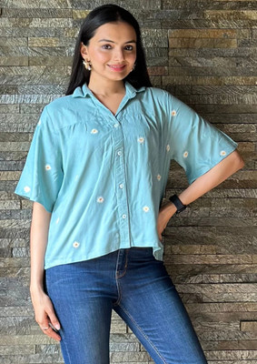 J TURRITOPSIS Women Polka Print Casual Green Shirt