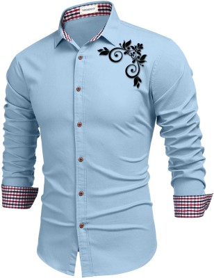 DEEMOON Men Printed Casual Light Blue Shirt